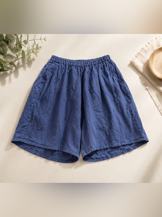 Flax Pants - Flax Women's Elastic-Waist Blue Linen Shorts